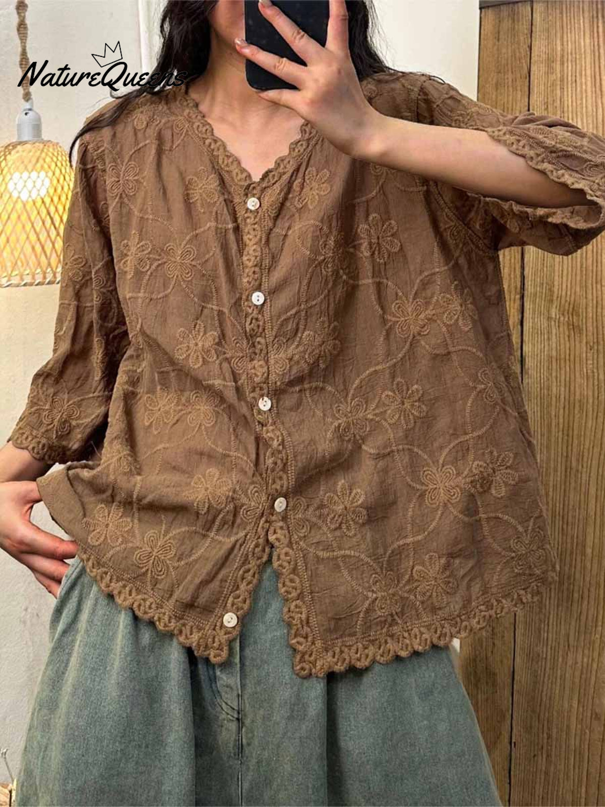Women's V-neck Half Sleeve Embroidered Cardigan Buttoned Casual Linen Top