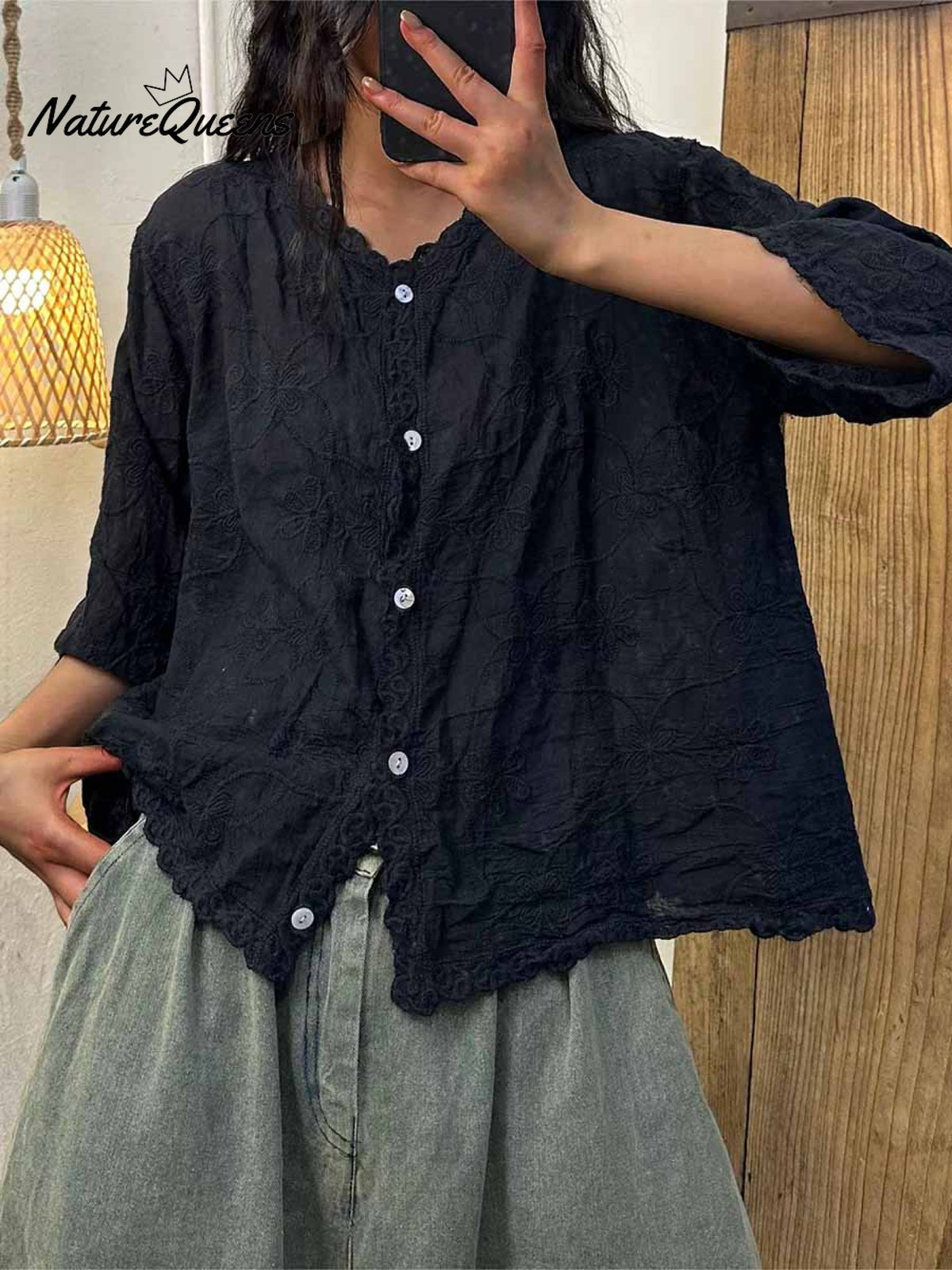 Women's V-neck Half Sleeve Embroidered Cardigan Buttoned Casual Linen Top