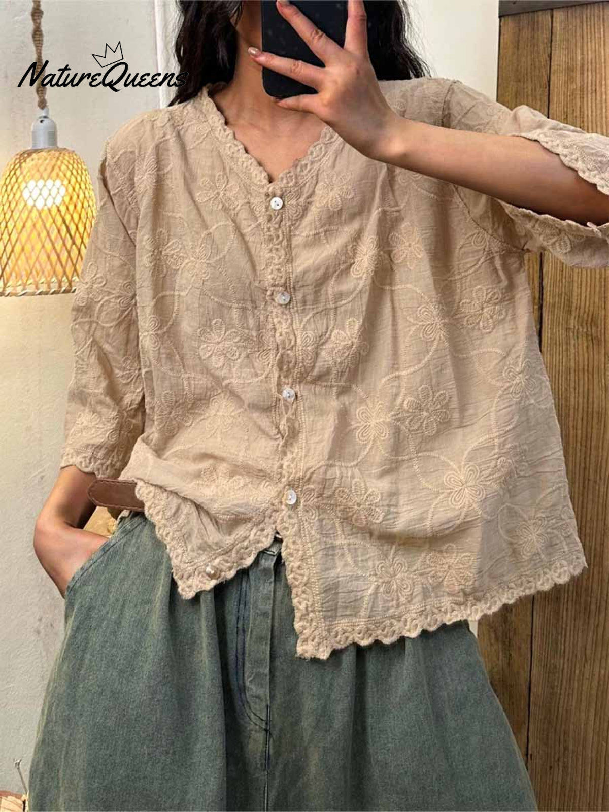 Women's V-neck Half Sleeve Embroidered Cardigan Buttoned Casual Linen Top