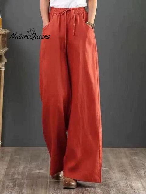 Women Solid Color Elastic Waist Pockets Casual Linen Wide Leg Pants