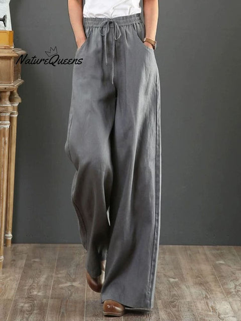 Women Solid Color Elastic Waist Pockets Casual Linen Wide Leg Pants