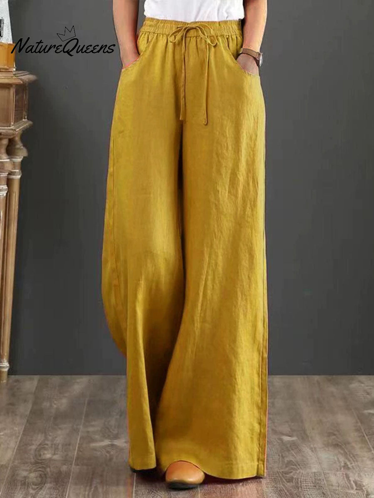 Women Solid Color Elastic Waist Pockets Casual Linen Wide Leg Pants