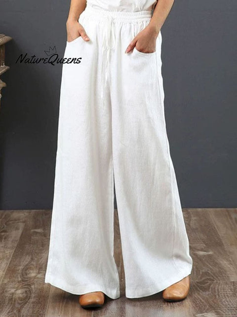 Women Solid Color Elastic Waist Pockets Casual Linen Wide Leg Pants
