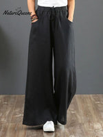 Women Solid Color Elastic Waist Pockets Casual Linen Wide Leg Pants