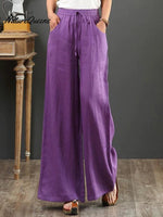 Women Solid Color Elastic Waist Pockets Casual Linen Wide Leg Pants