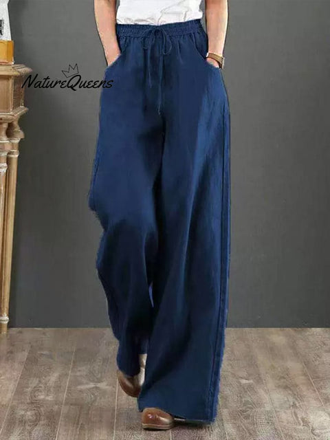 Women Solid Color Elastic Waist Pockets Casual Linen Wide Leg Pants