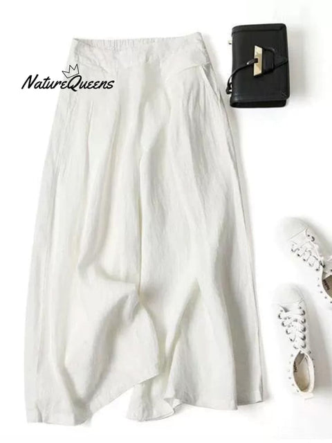 Women's Solid Color Semi-elastic High Waist Casual Pockets Cotton and Linen Wide Leg Pants