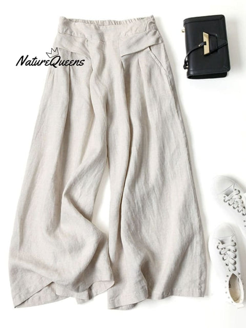 Women's Solid Color Semi-elastic High Waist Casual Pockets Cotton and Linen Wide Leg Pants