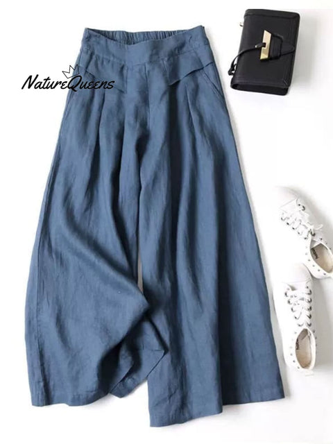 Women's Solid Color Semi-elastic High Waist Casual Pockets Cotton and Linen Wide Leg Pants