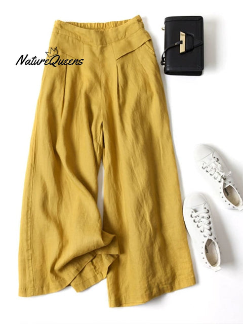 Women's Solid Color Semi-elastic High Waist Casual Pockets Cotton and Linen Wide Leg Pants