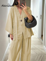 Women's Solid Color V-Neck Cardigan Top High Waist Casual Linen Wide Leg Pants Set