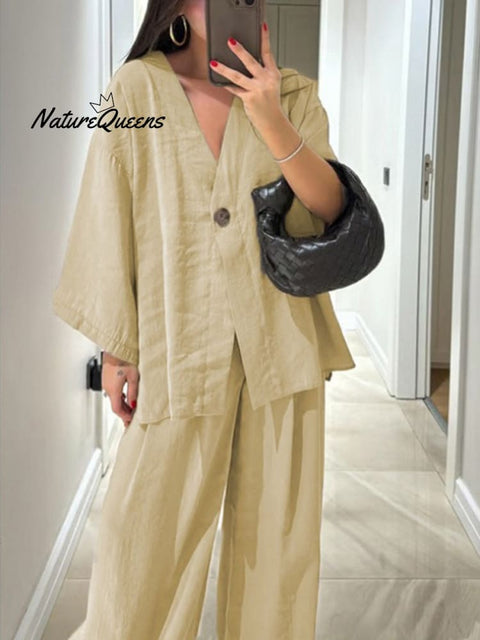 Women's Solid Color V-Neck Cardigan Top High Waist Casual Linen Wide Leg Pants Set