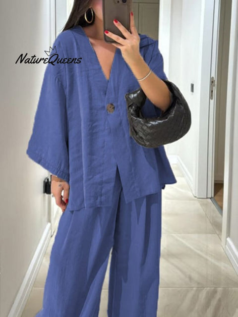 Women's Solid Color V-Neck Cardigan Top High Waist Casual Linen Wide Leg Pants Set