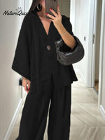 Women's Solid Color V-Neck Cardigan Top High Waist Casual Linen Wide Leg Pants Set