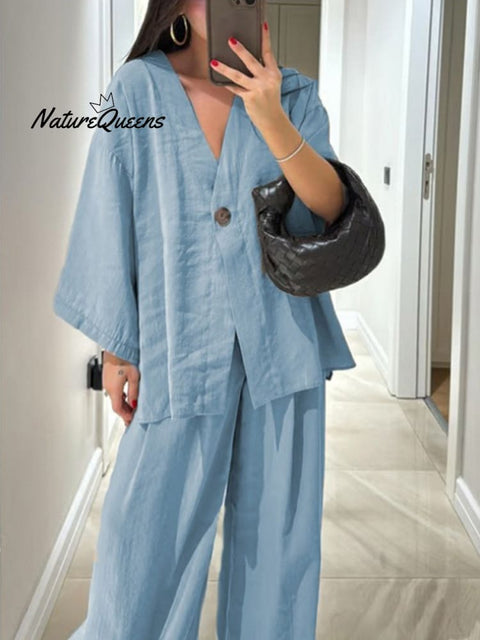 Women's Solid Color V-Neck Cardigan Top High Waist Casual Linen Wide Leg Pants Set