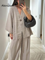 Women's Solid Color V-Neck Cardigan Top High Waist Casual Linen Wide Leg Pants Set