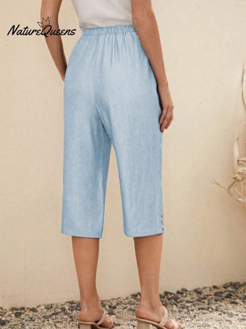 Women's  Solid Color Elastic Waist Lace-up Cropped Casual Pocket Cotton and Linen Wide-leg Pants