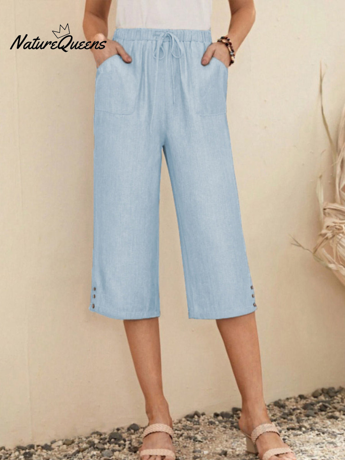 Women'sSolid Color Elastic Waist Lace-up Cropped Casual Pocket Cotton and Linen Wide-leg Pants