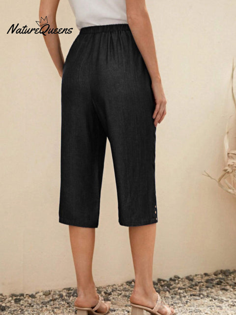 Women's  Solid Color Elastic Waist Lace-up Cropped Casual Pocket Cotton and Linen Wide-leg Pants