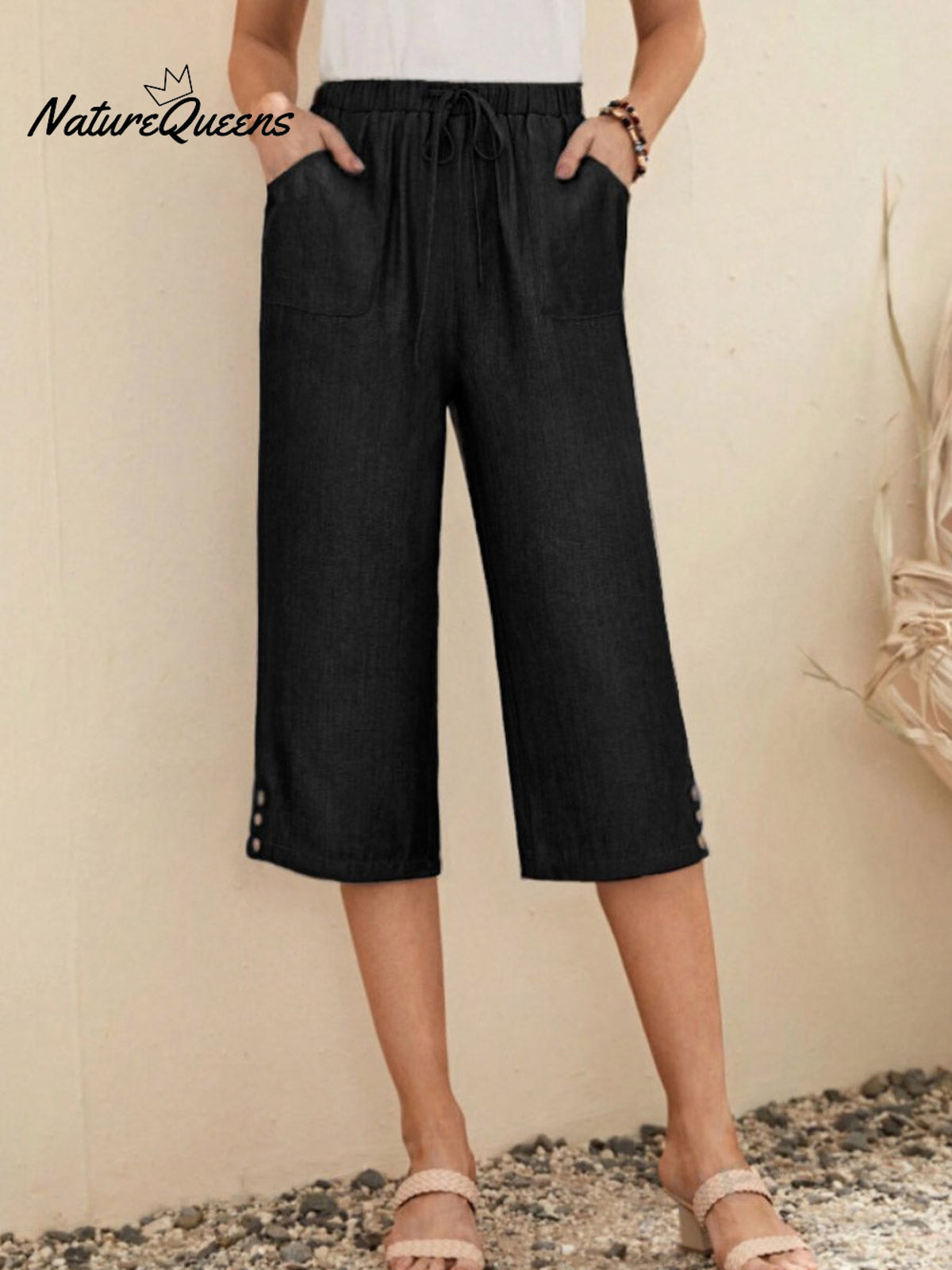Women'sSolid Color Elastic Waist Lace-up Cropped Casual Pocket Cotton and Linen Wide-leg Pants