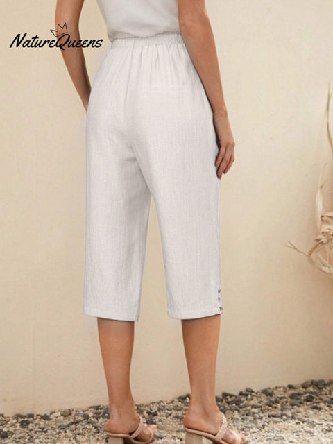 Women's  Solid Color Elastic Waist Lace-up Cropped Casual Pocket Cotton and Linen Wide-leg Pants