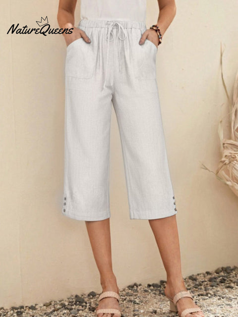 Women's  Solid Color Elastic Waist Lace-up Cropped Casual Pocket Cotton and Linen Wide-leg Pants