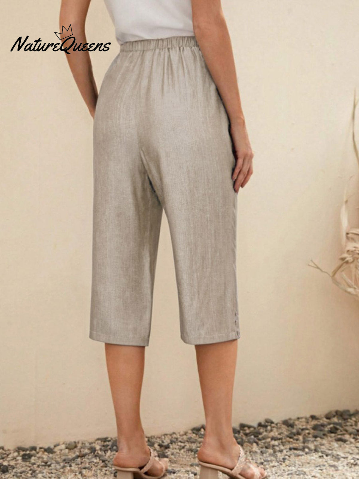 Women'sSolid Color Elastic Waist Lace-up Cropped Casual Pocket Cotton and Linen Wide-leg Pants
