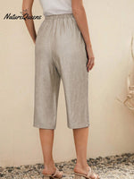 Women'sSolid Color Elastic Waist Lace-up Cropped Casual Pocket Cotton and Linen Wide-leg Pants