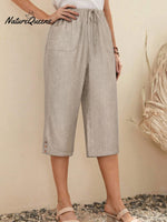 Women'sSolid Color Elastic Waist Lace-up Cropped Casual Pocket Cotton and Linen Wide-leg Pants