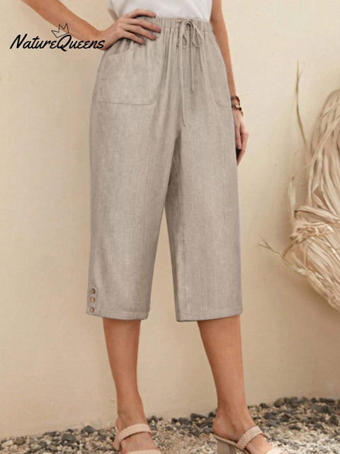 Women's  Solid Color Elastic Waist Lace-up Cropped Casual Pocket Cotton and Linen Wide-leg Pants