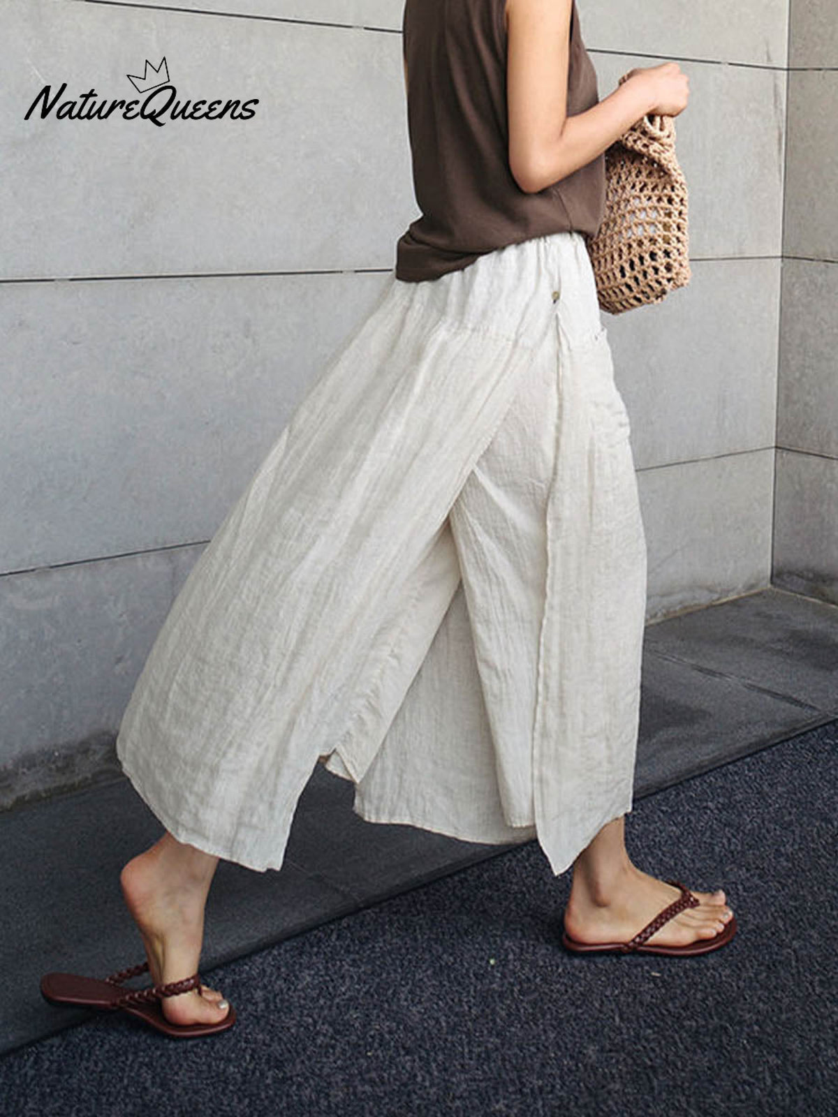 Women's Solid Color Elastic Waist Pocket Casual Linen Culottes