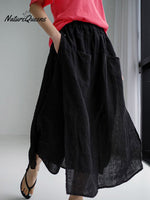 Women's Solid Color Elastic Waist Pocket Casual Linen Culottes