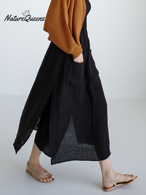 Women's Solid Color Elastic Waist Pocket Casual Linen Culottes