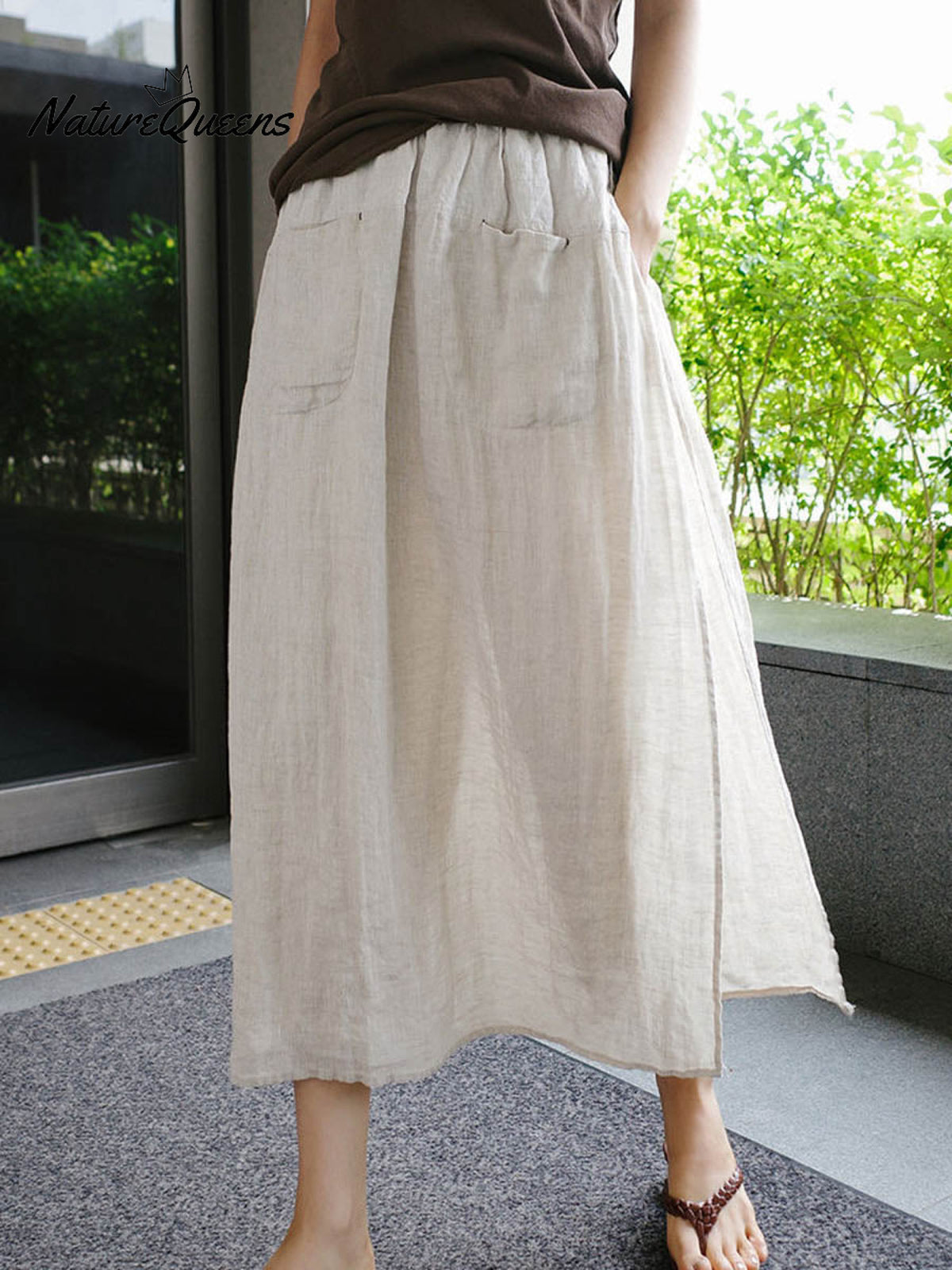 Women's Solid Color Elastic Waist Pocket Casual Linen Culottes