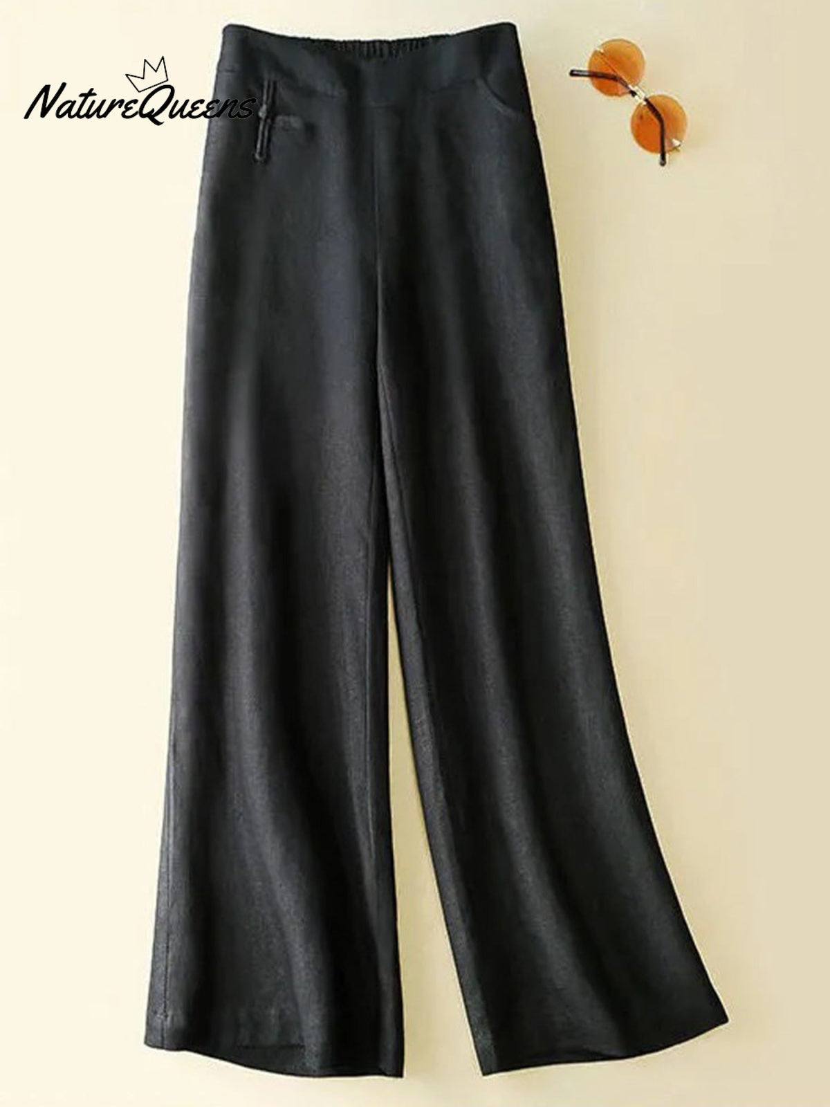 Women's Solid Color Button Half Elastic High Waist Casual Cotton and Linen Wide Leg Pants