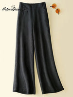 Women's Solid Color Button Half Elastic High Waist Casual Cotton and Linen Wide Leg Pants