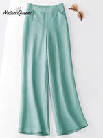 Women's Solid Color Button Half Elastic High Waist Casual Cotton and Linen Wide Leg Pants