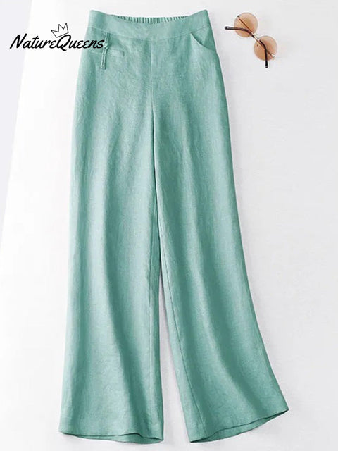 Women's Solid Color Button Half Elastic High Waist Casual Cotton and Linen Wide Leg Pants