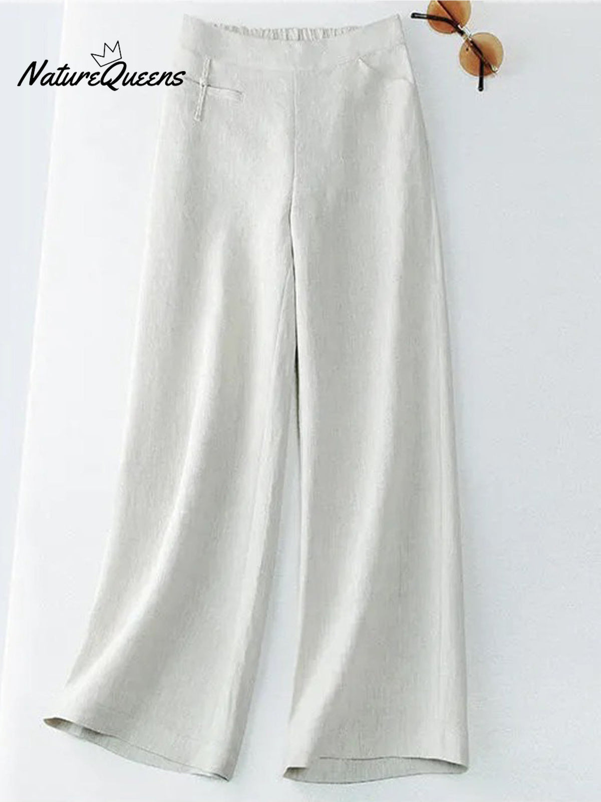 Women's Solid Color Button Half Elastic High Waist Casual Cotton and Linen Wide Leg Pants