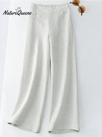Women's Solid Color Button Half Elastic High Waist Casual Cotton and Linen Wide Leg Pants