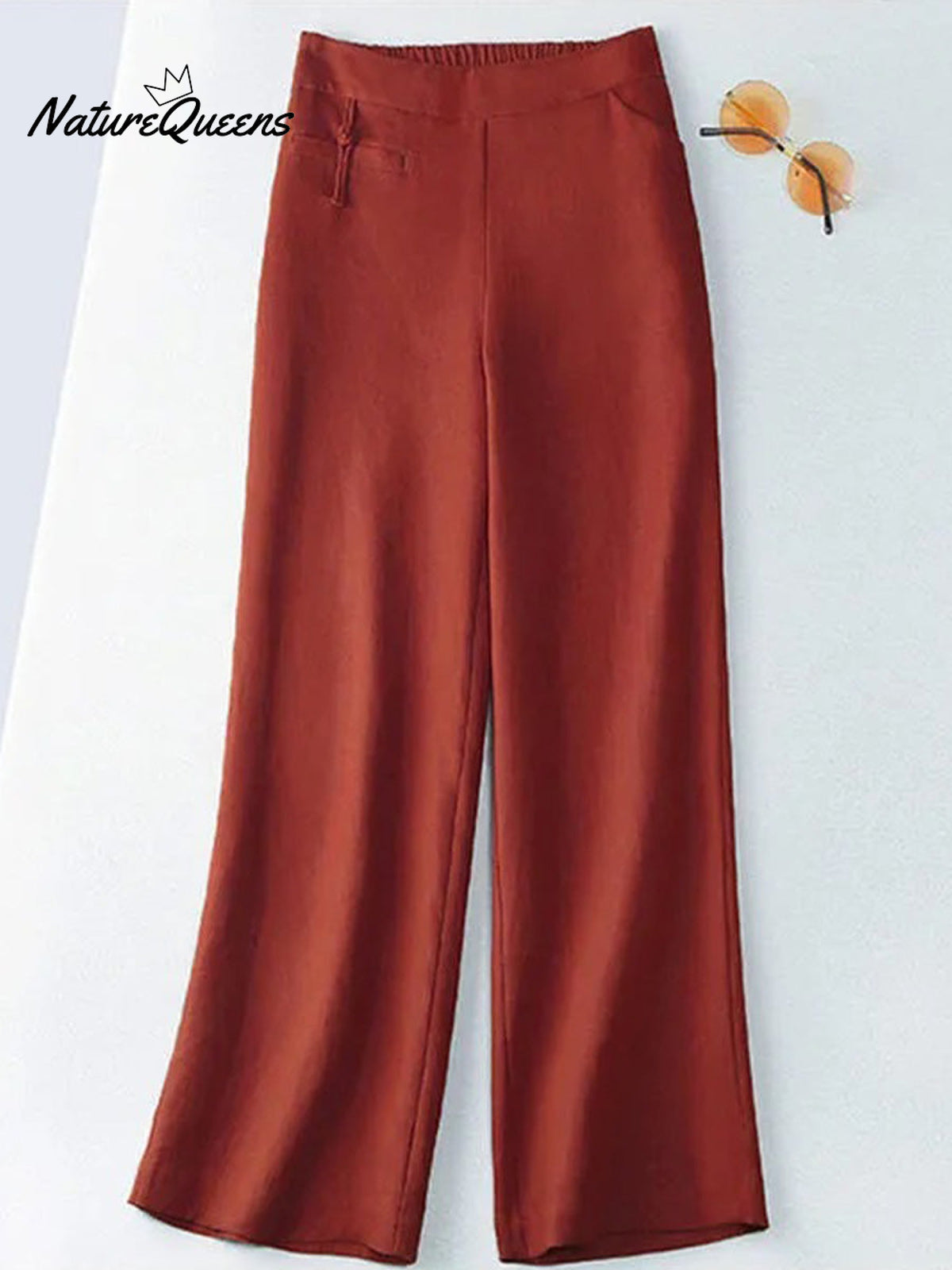 Women's Solid Color Button Half Elastic High Waist Casual Cotton and Linen Wide Leg Pants