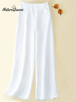 Women's Solid Color Button Half Elastic High Waist Casual Cotton and Linen Wide Leg Pants