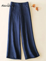 Women's Solid Color Button Half Elastic High Waist Casual Cotton and Linen Wide Leg Pants