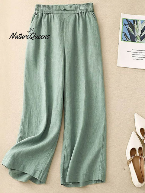 Women's Solid Color Elastic Waist Cropped Linen Wide Leg Pants