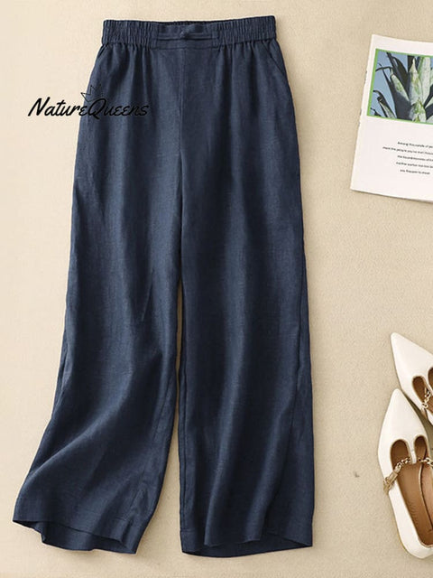 Women's Solid Color Elastic Waist Cropped Linen Wide Leg Pants