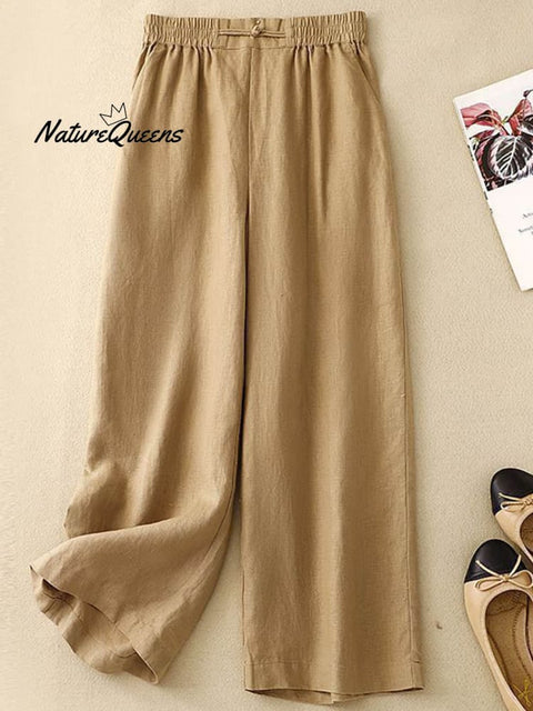 Women's Solid Color Elastic Waist Cropped Linen Wide Leg Pants