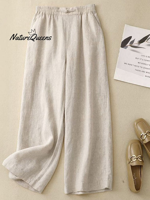 Women's Solid Color Elastic Waist Cropped Linen Wide Leg Pants