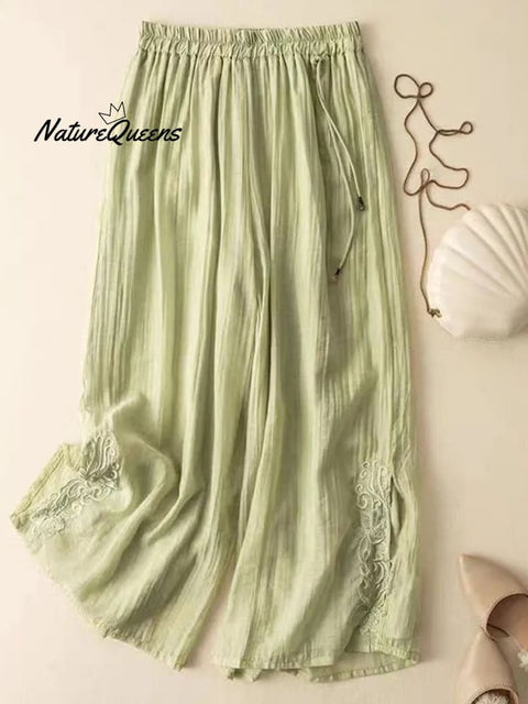 Women's Solid Color Elastic Waist Cotton and Linen Embroidery Wide Leg Pants