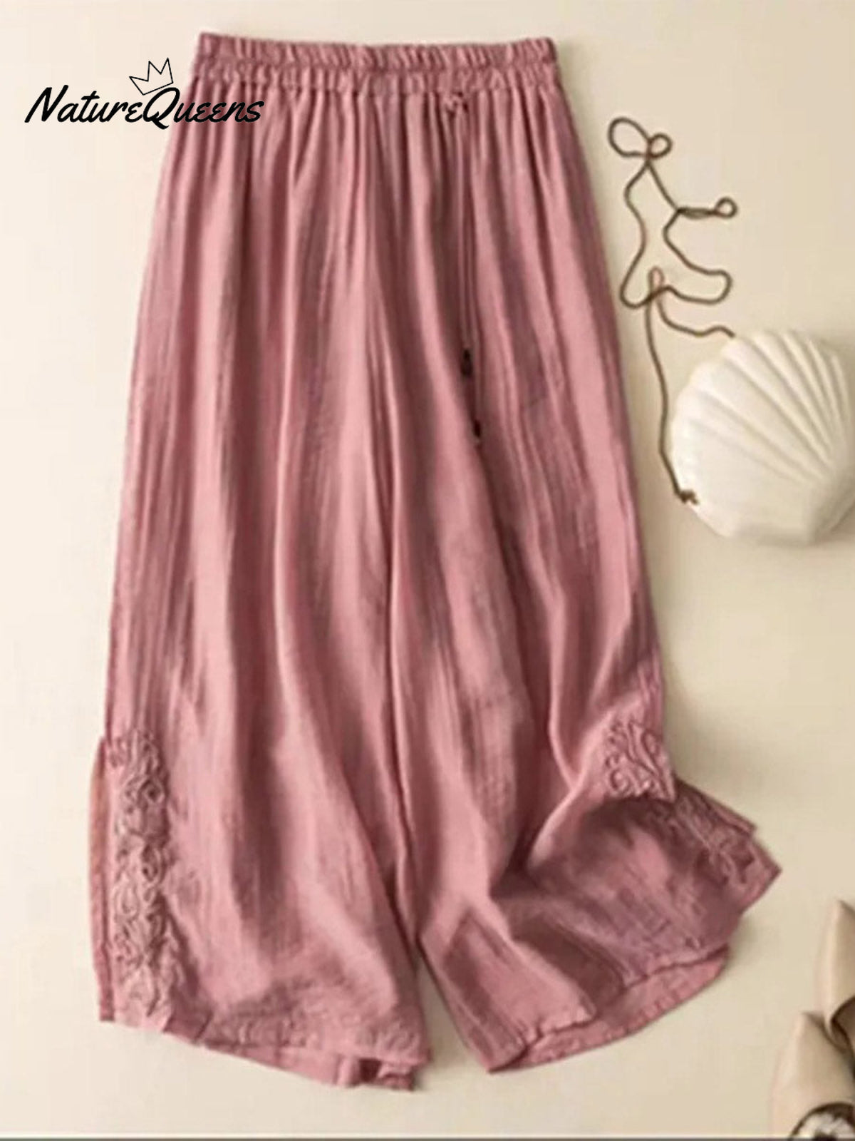 Women's Solid Color Elastic Waist Cotton and Linen Embroidery Wide Leg Pants