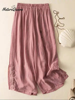 Women's Solid Color Elastic Waist Cotton and Linen Embroidery Wide Leg Pants